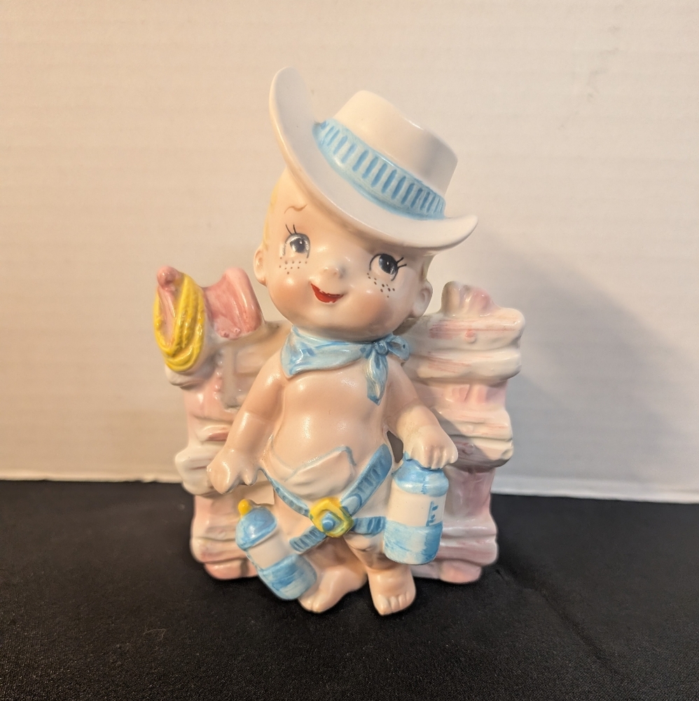 Vintage Samson Import Japan Relpo #5646 Baby Cowboy Ceramic Nursery Planter 1965